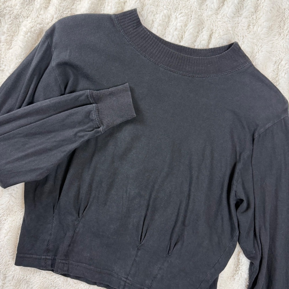 One Step Up Womens Black Long Sleeve Pleated Waist Mock Neck Crop Top Size M
